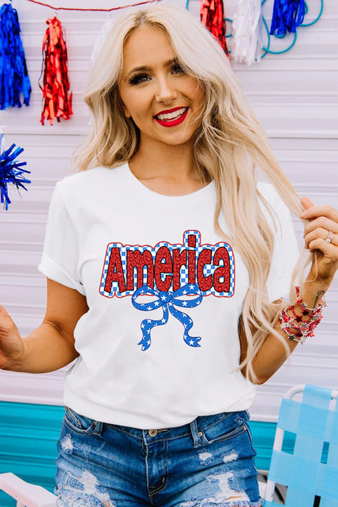 White Funky America Letter Bow Printed T Shirt
