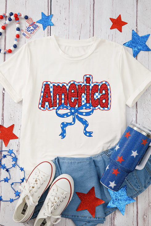White Funky America Letter Bow Printed T Shirt