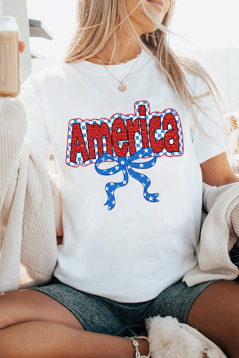 White Funky America Letter Bow Printed T Shirt