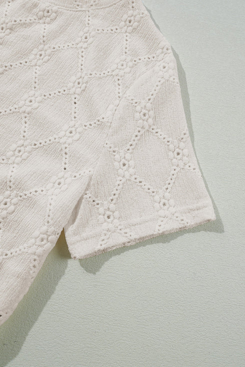 White Geometric Embroidered Slim Fit O Neck T Shirt