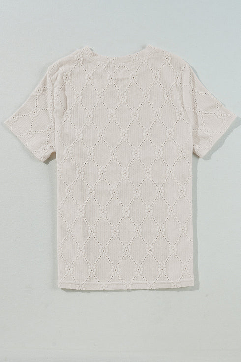 White Geometric Embroidered Slim Fit O Neck T Shirt
