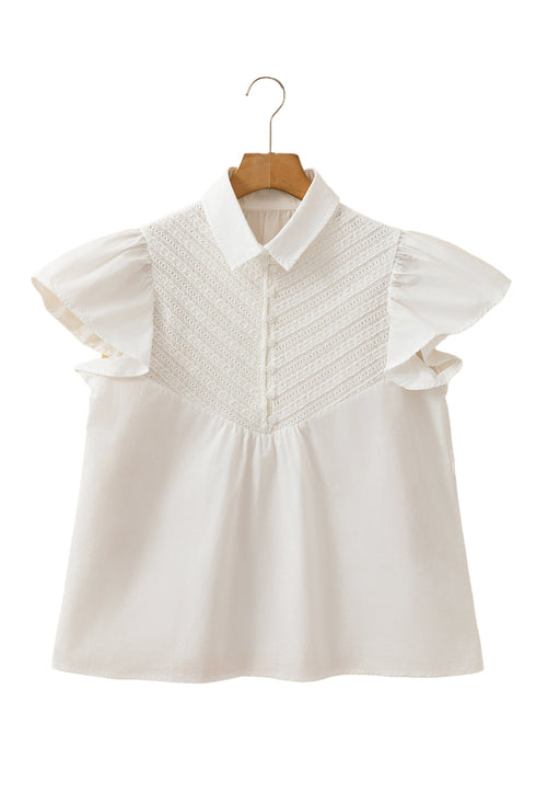 White Half Button Lace Patchwork Flutter Sleeve Blouse