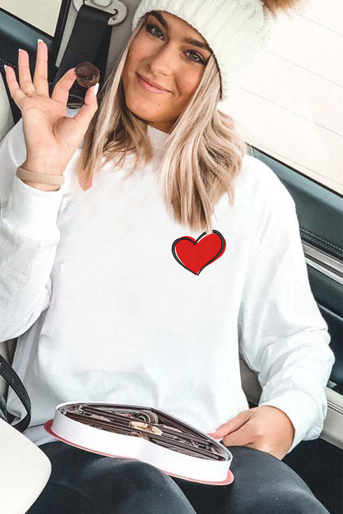 White Heart Shaped Embroidered Pullover Sweatshirt