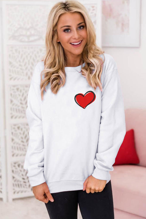 White Heart Shaped Embroidered Pullover Sweatshirt