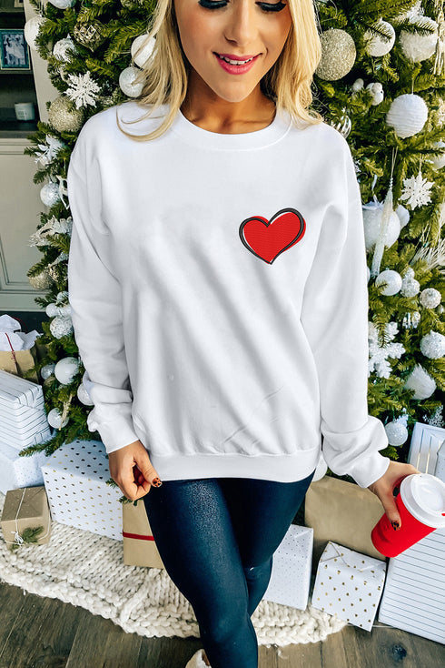 White Heart Shaped Embroidered Pullover Sweatshirt