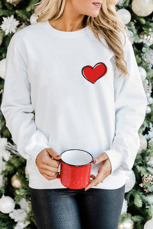 White Heart Shaped Embroidered Pullover Sweatshirt