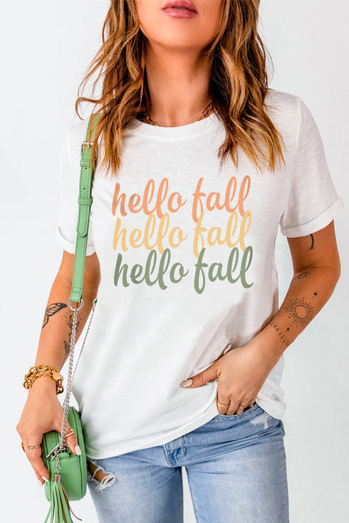 White Hello Fall Digital Graphic Casual T Shirt