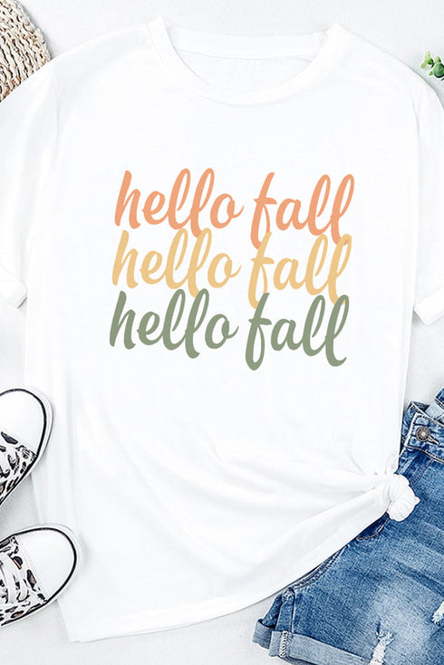 White Hello Fall Digital Graphic Casual T Shirt