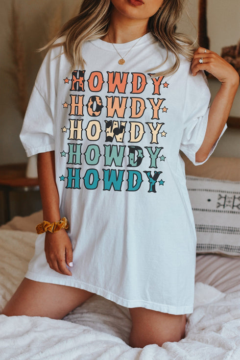 White Howdy Stars Print Crew Neck Loose Fit T Shirt