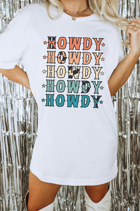 White Howdy Stars Print Crew Neck Loose Fit T Shirt