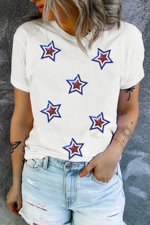 White Independence Day Sequin Star Patched T Shirt