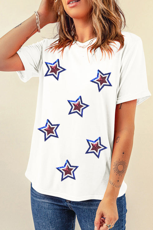White Independence Day Sequin Star Patched T Shirt