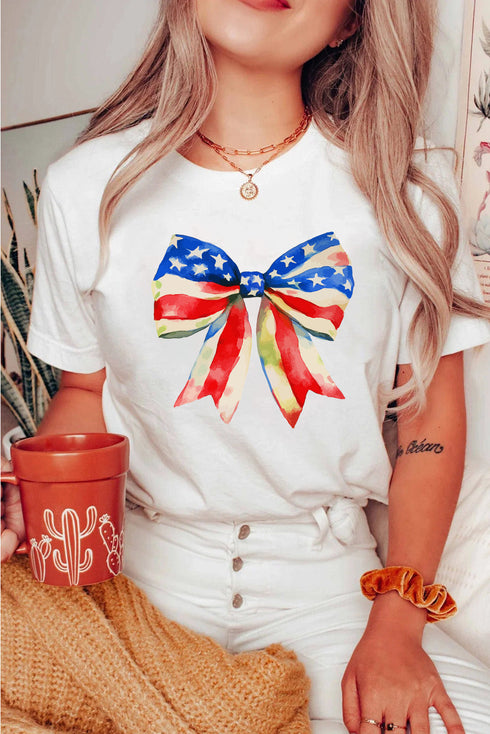 White Independence Day Splash Bow Pattern T Shirt