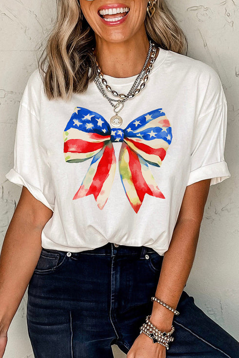 White Independence Day Splash Bow Pattern T Shirt