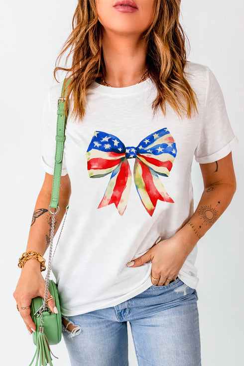 White Independence Day Splash Bow Pattern T Shirt