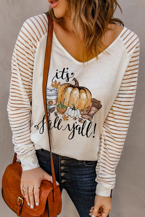 White Its Fall Y'All! Pumpkin Graphic Print V Neck Top