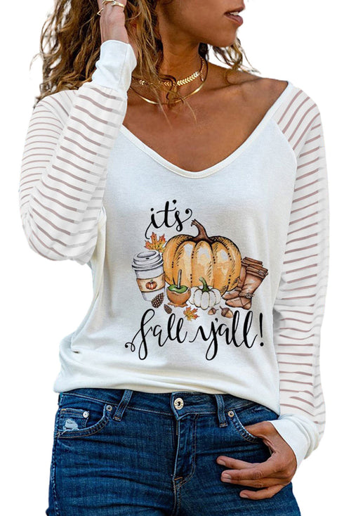 White Its Fall Y'All! Pumpkin Graphic Print V Neck Top