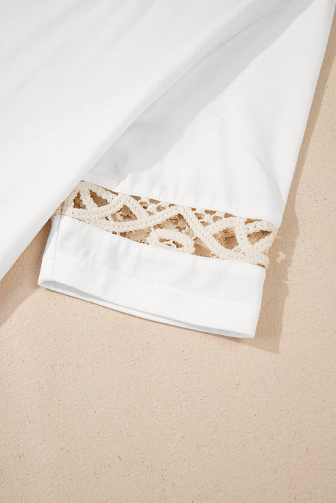 White Lace Crochet Crew Neck Casual T Shirt