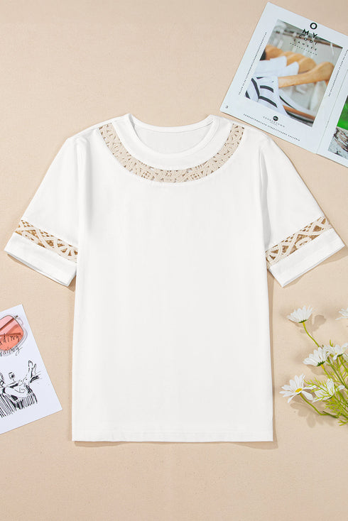 White Lace Crochet Crew Neck Casual T Shirt