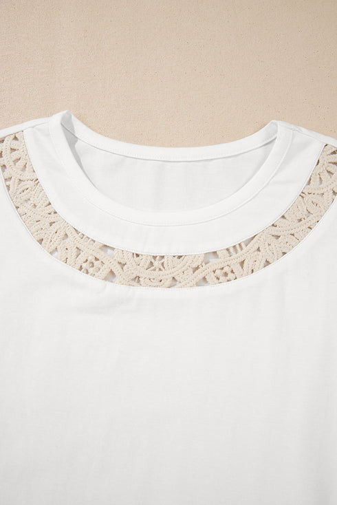 White Lace Crochet Crew Neck Casual T Shirt