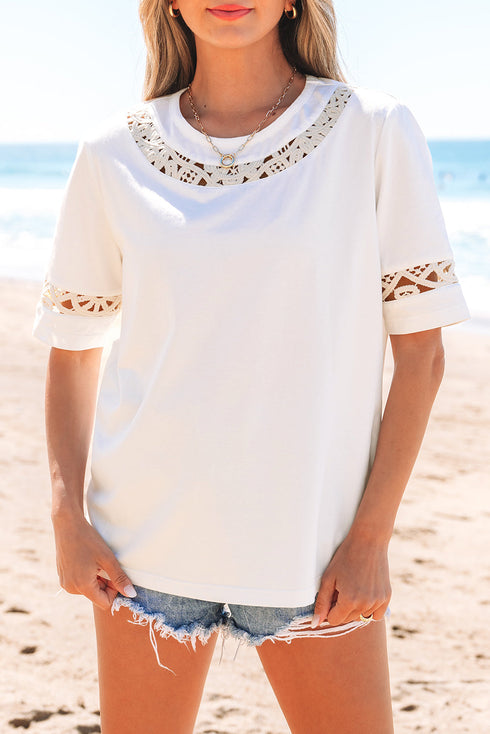 White Lace Crochet Crew Neck Casual T Shirt