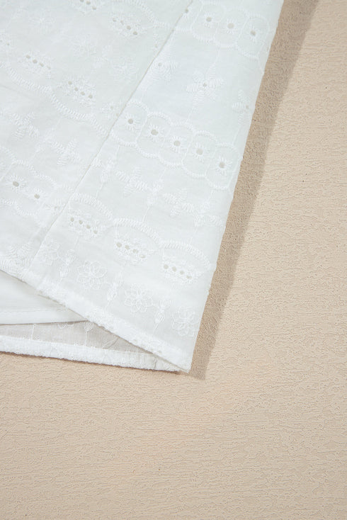 White Lace Neckline Flutter Sleeve Eyelets Blouse