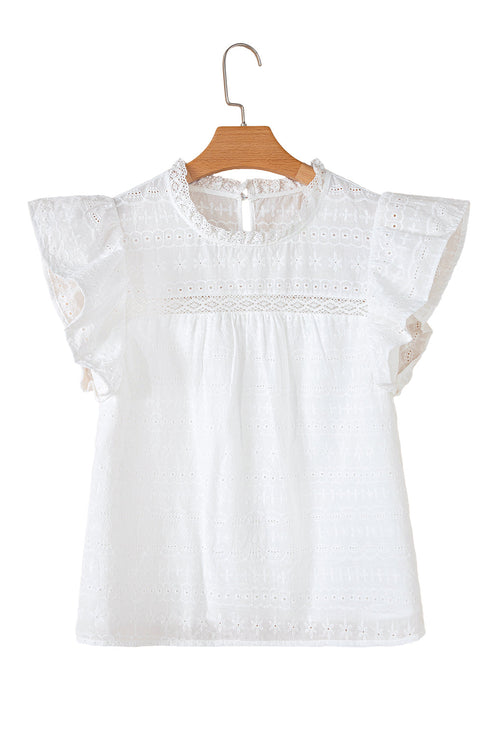 White Lace Neckline Flutter Sleeve Eyelets Blouse