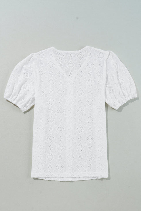 White Lace Puff Sleeve V Neck Button Up Shirt