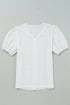 White Lace Puff Sleeve V Neck Button Up Shirt