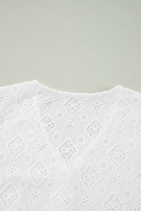 White Lace Puff Sleeve V Neck Button Up Shirt