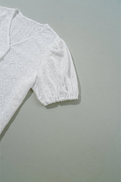 White Lace Puff Sleeve V Neck Button Up Shirt