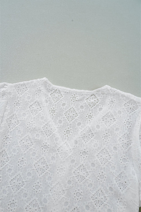 White Lace Puff Sleeve V Neck Button Up Shirt