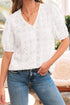 White Lace Puff Sleeve V Neck Button Up Shirt