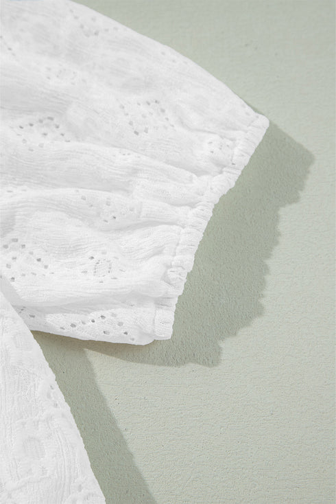 White Lace Puff Sleeve V Neck Button Up Shirt
