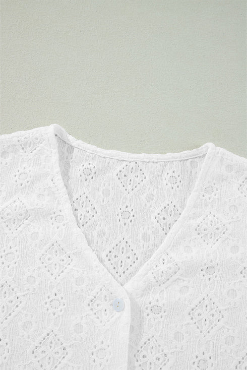 White Lace Puff Sleeve V Neck Button Up Shirt