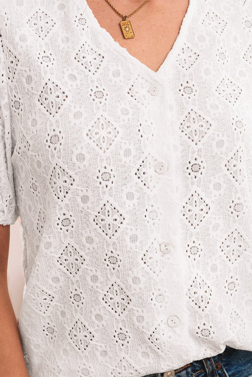 White Lace Puff Sleeve V Neck Button Up Shirt
