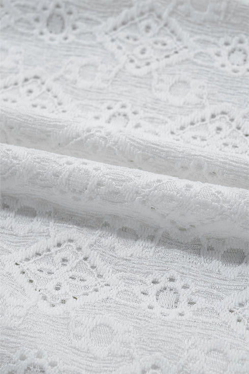 White Lace Puff Sleeve V Neck Button Up Shirt