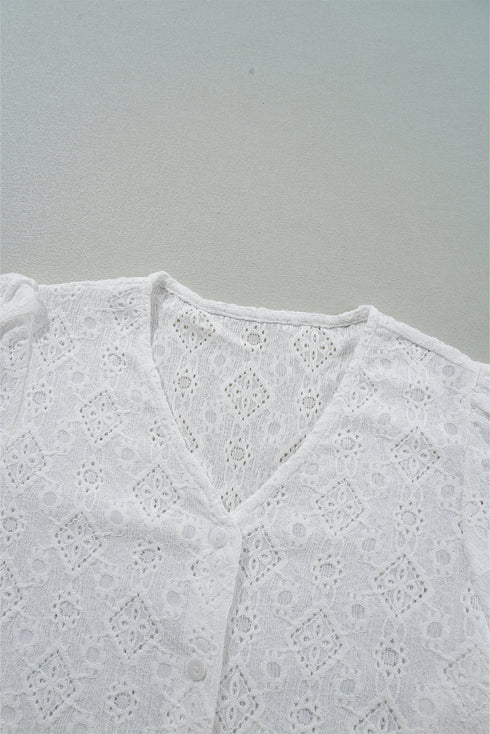 White Lace Puff Sleeve V Neck Button Up Shirt