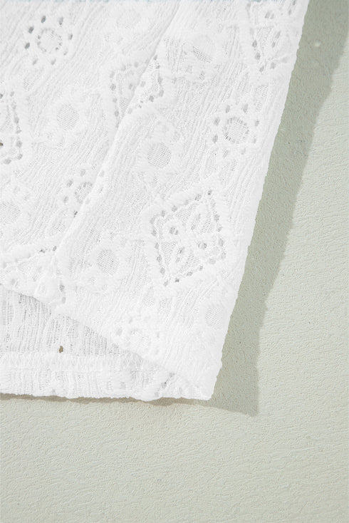 White Lace Puff Sleeve V Neck Button Up Shirt