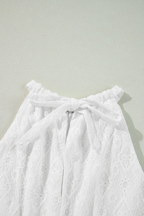 White Lace Sleeveless Knot Hollow Out Back Tied Waist Mini Dress