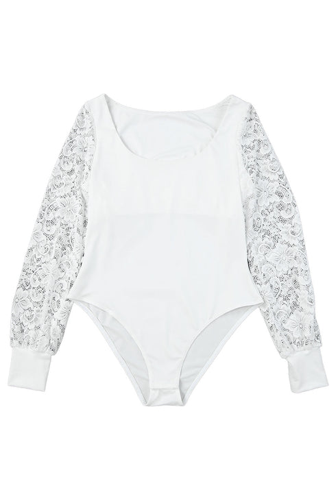White Lace Sleeves Square Neck Bodysuit