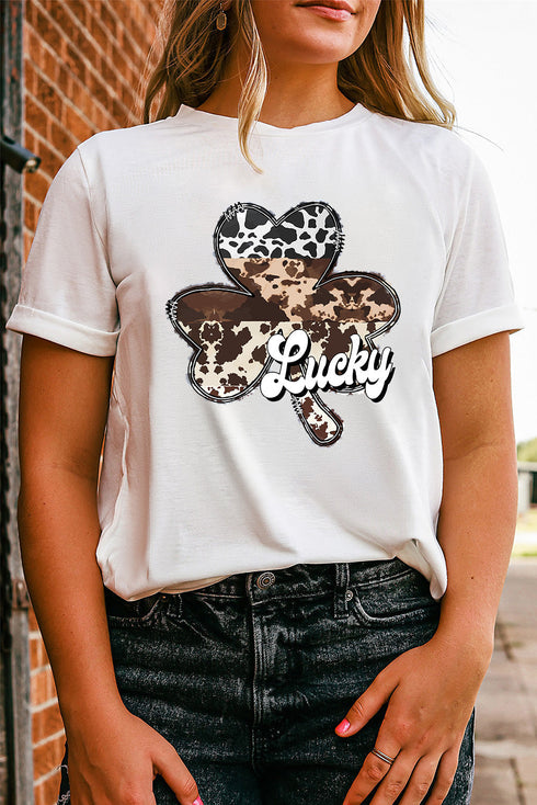 White Leopard Clover Lucky Graphic St. Patrick's Day Tee