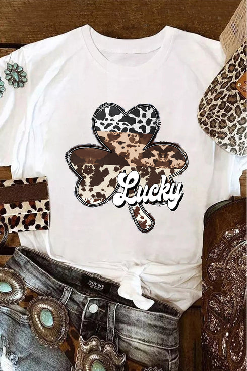 White Leopard Clover Lucky Graphic St. Patrick's Day Tee