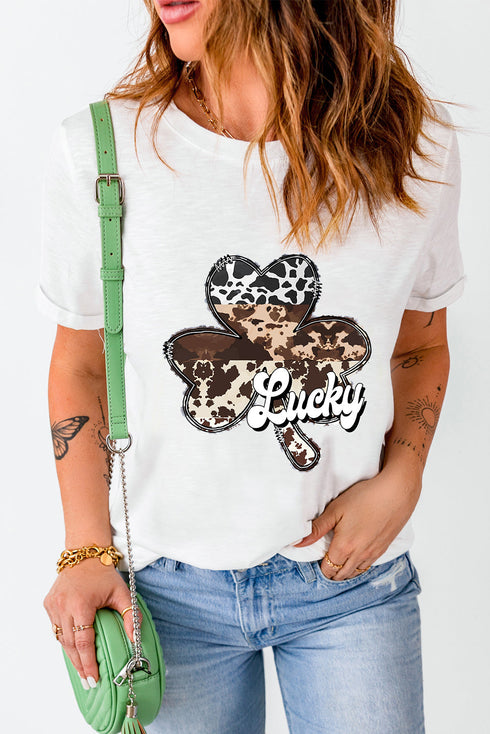White Leopard Clover Lucky Graphic St. Patrick's Day Tee