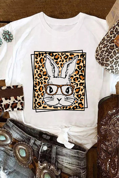White Leopard Cute Bunny Graphic Crewneck Easter Tee
