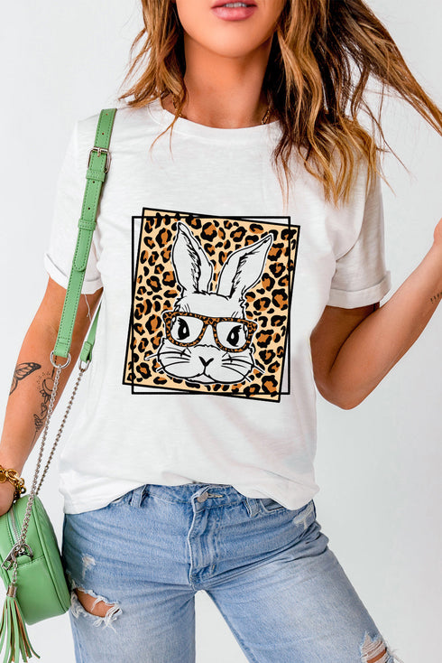 White Leopard Cute Bunny Graphic Crewneck Easter Tee