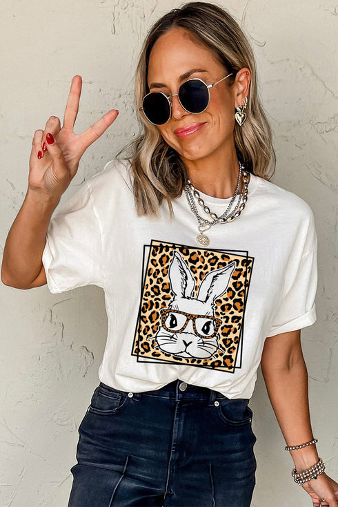 White Leopard Cute Bunny Graphic Crewneck Easter Tee