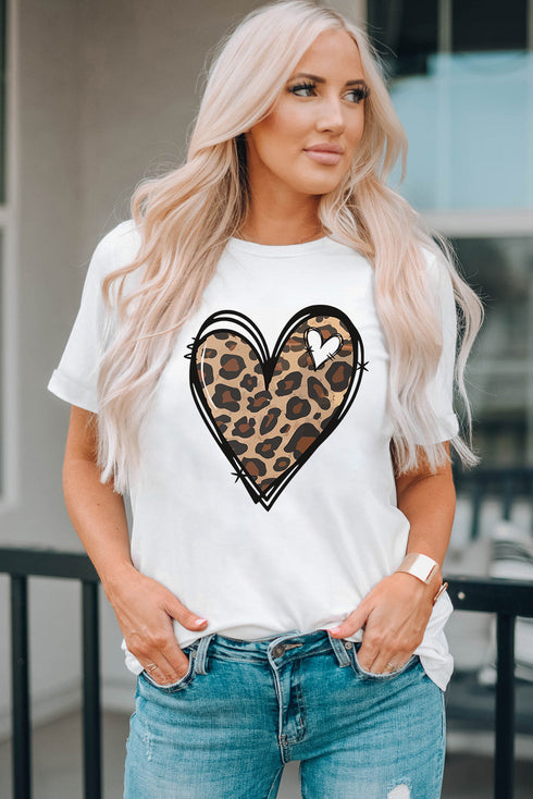White Leopard Heart Pattern Print Valentines T Shirt