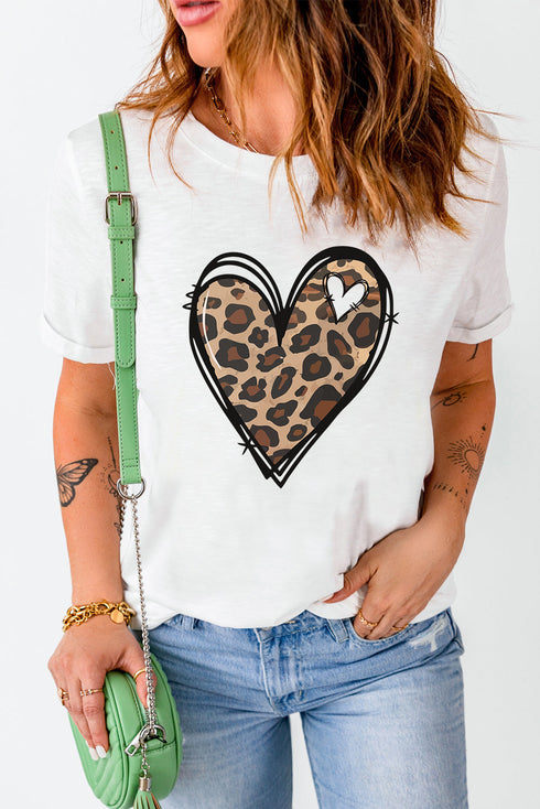 White Leopard Heart Pattern Print Valentines T Shirt
