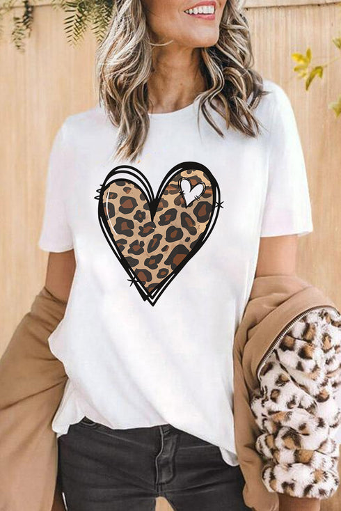 White Leopard Heart Pattern Print Valentines T Shirt